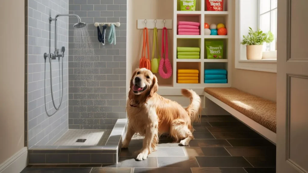 Golden Retriever Sitting In Pet Wash Room 1024x576